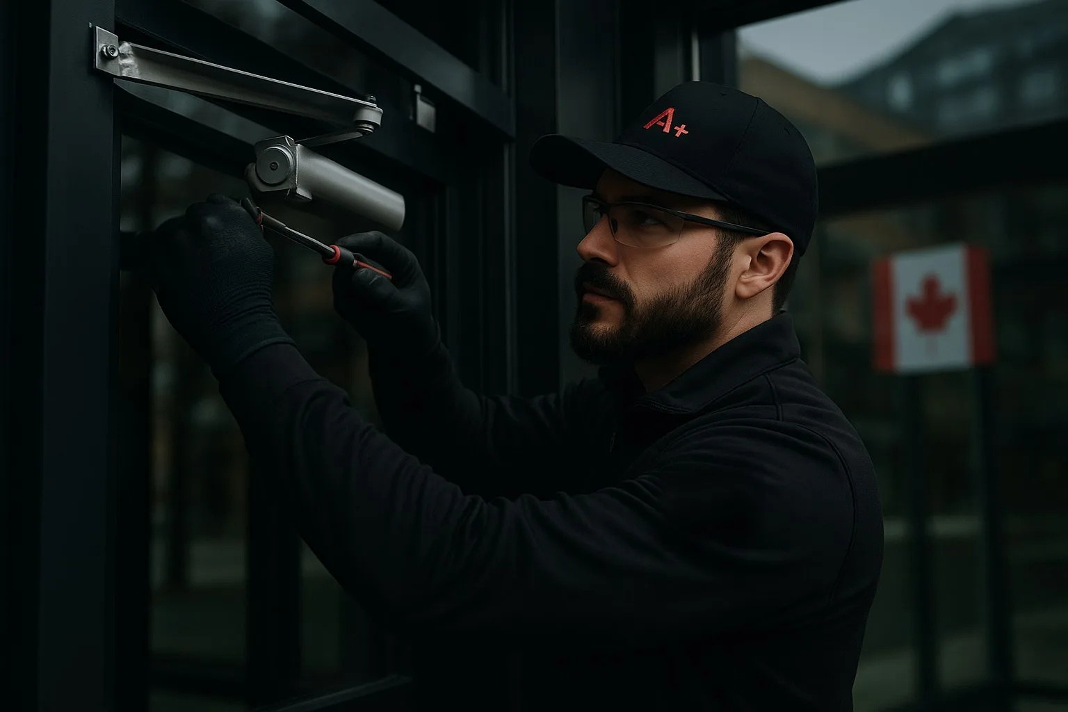 A+ Doors Inc technician repairing a commercial door closer in Vancouver